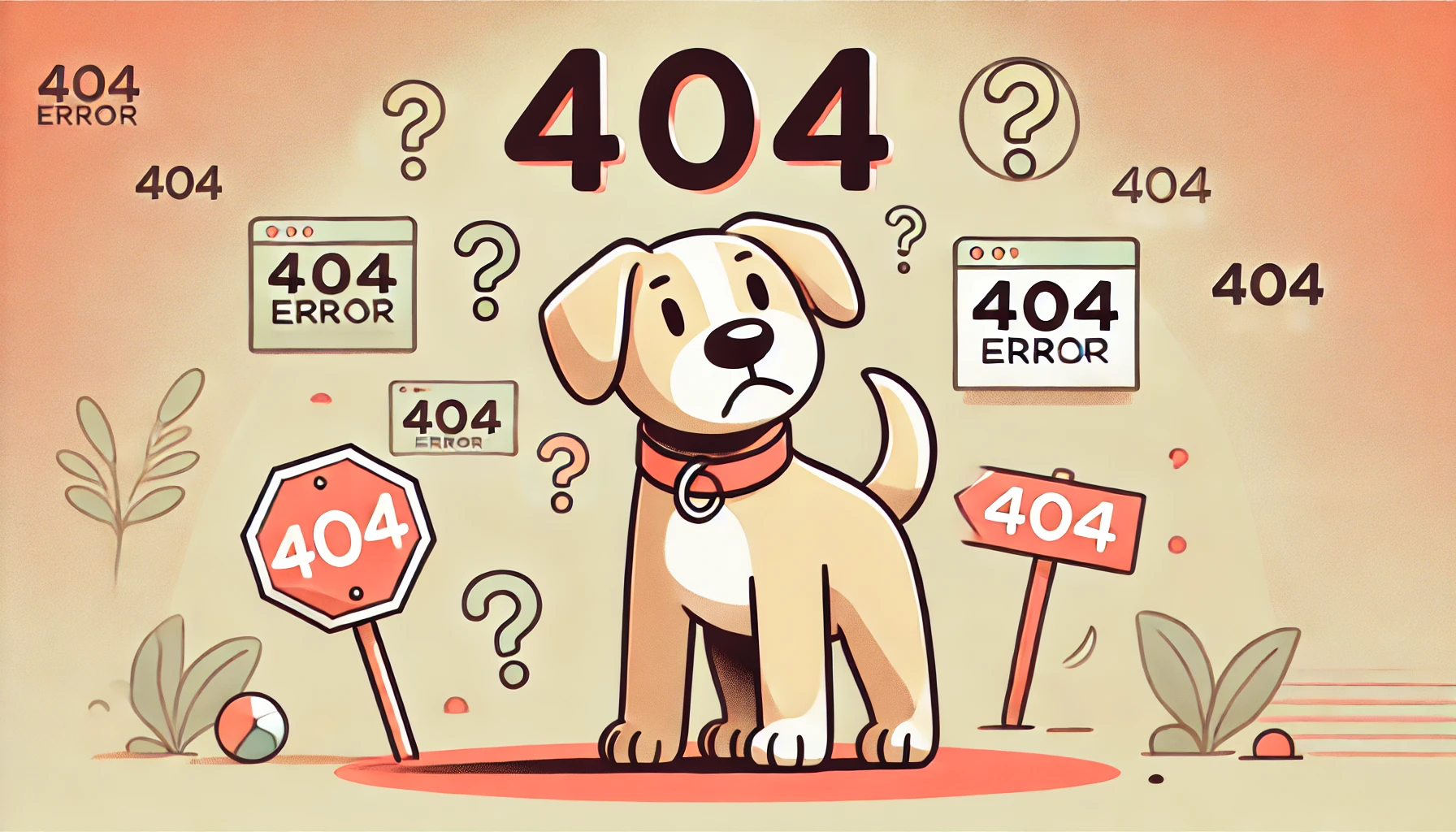 A dog looking lost in a 404 error page
