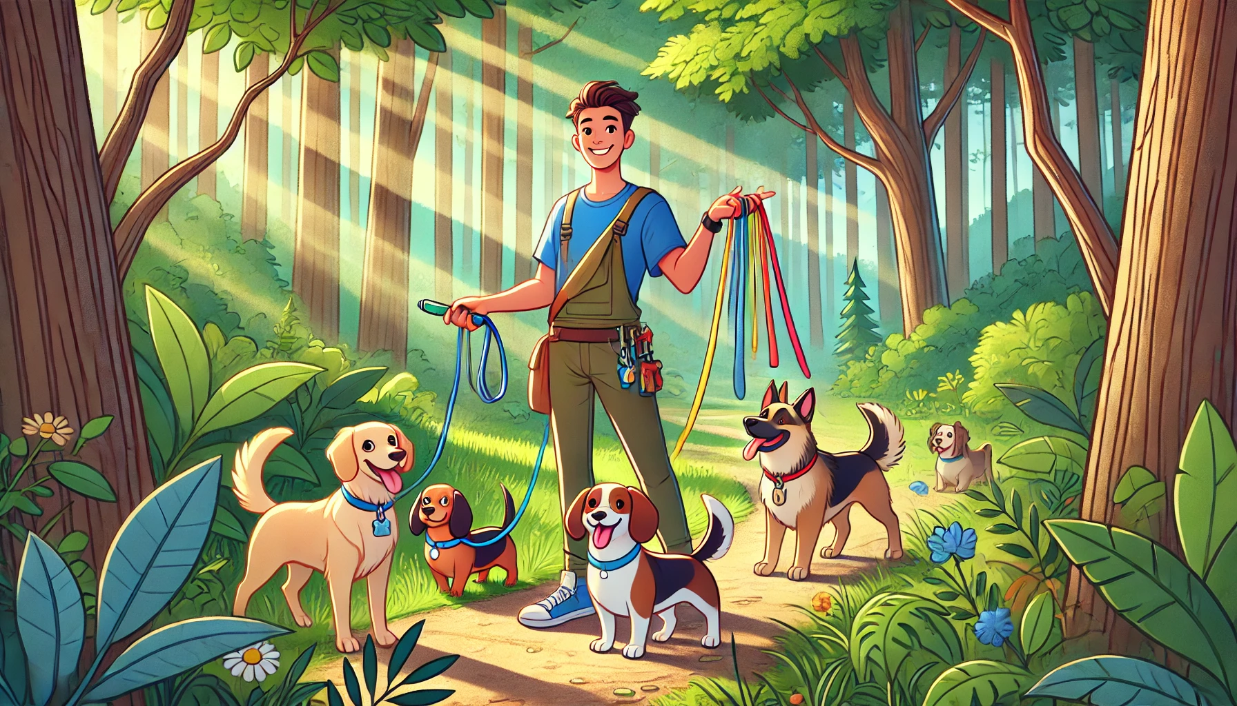 An image of a dog walker in the woods walking various dogs