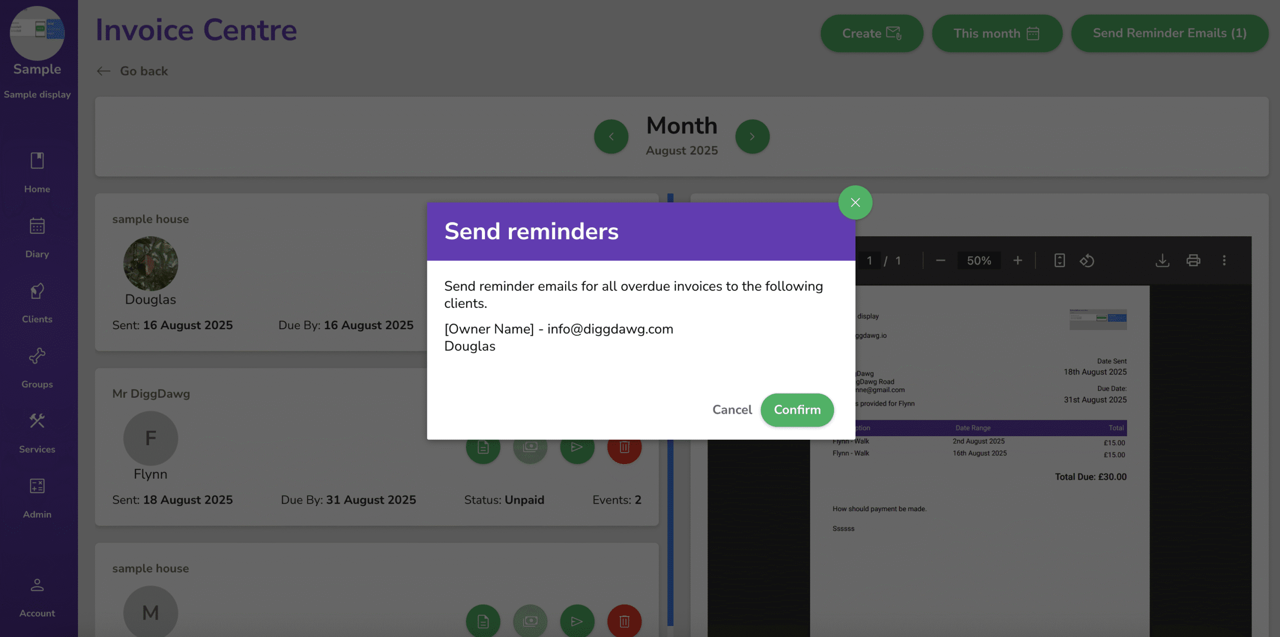 Invoice centre sending reminder emails