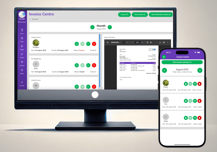 Image of desktop and mobile app demonstrating the invoice centre